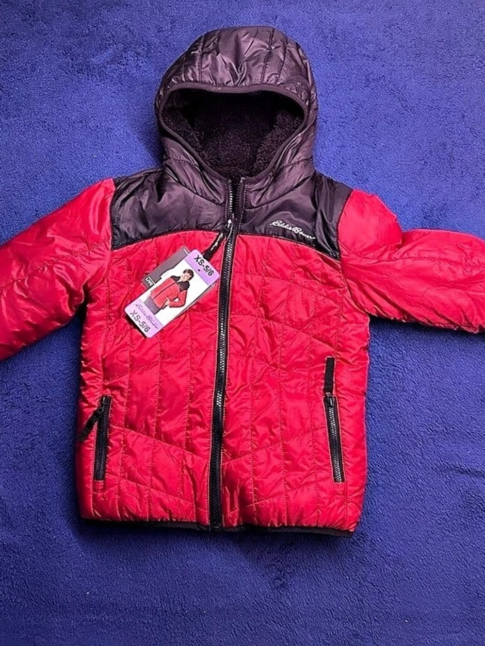 New Eddie Bauer Boys Reversible Insulated Fleece Jacket XS 5/6 Red Black NWT